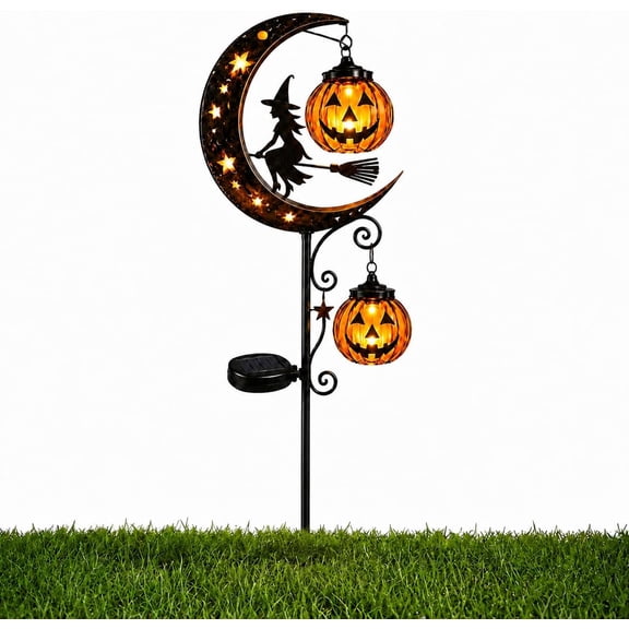 Solar Halloween White Ghost & Pumpkin Moon Garden Stake Light, Outdoor Waterproof LED Halloween Yard Decoration with Crescent Moon, Hanging Jack-o'-Lantern Lantern for Garden, Patio, Walkway, Porch
