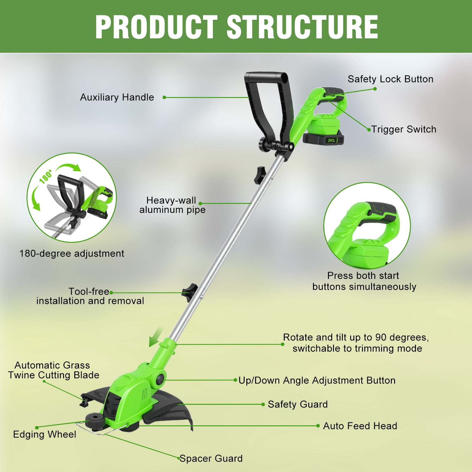 CATGOOD String Trimmer Cordless, 2AH Lawn Tool with 12" Cutting Width, Weed Wacker with Auto Spool Feed, 2 Batteries and Fast Charger, Green