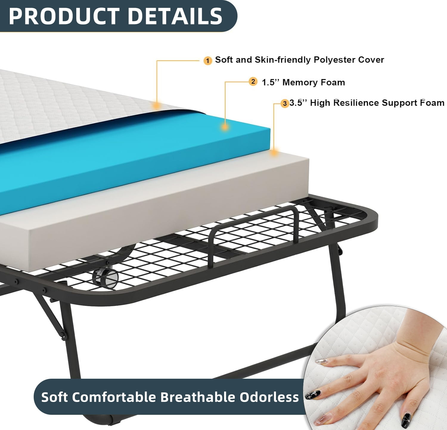 Folding Bed with 5 Inch Foam Mattress, Cot 75" x 31" Rollaway Bed for Guests, Portable Bed with Lockable Wheels, Easy Assembly & Moving