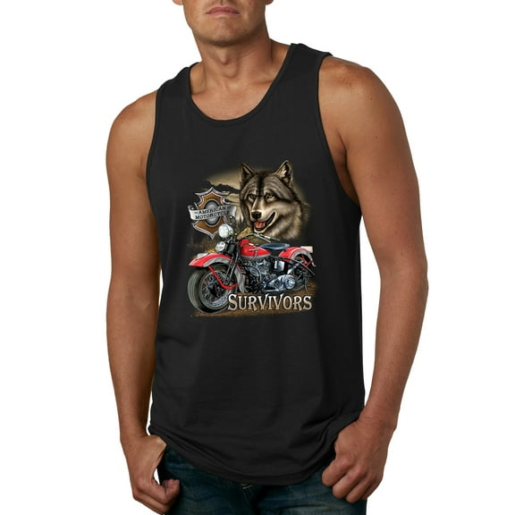 American Motorcycle Wolves Survivors Made in the USA | Mens Fashion Graphic Tank Top, Black, Small