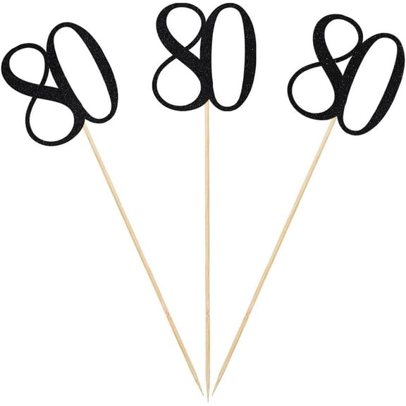 Black Glitter 80th Birthday Centerpiece Sticks, 12-Pack Number 80 Table Topper Anniversary Party Decorations