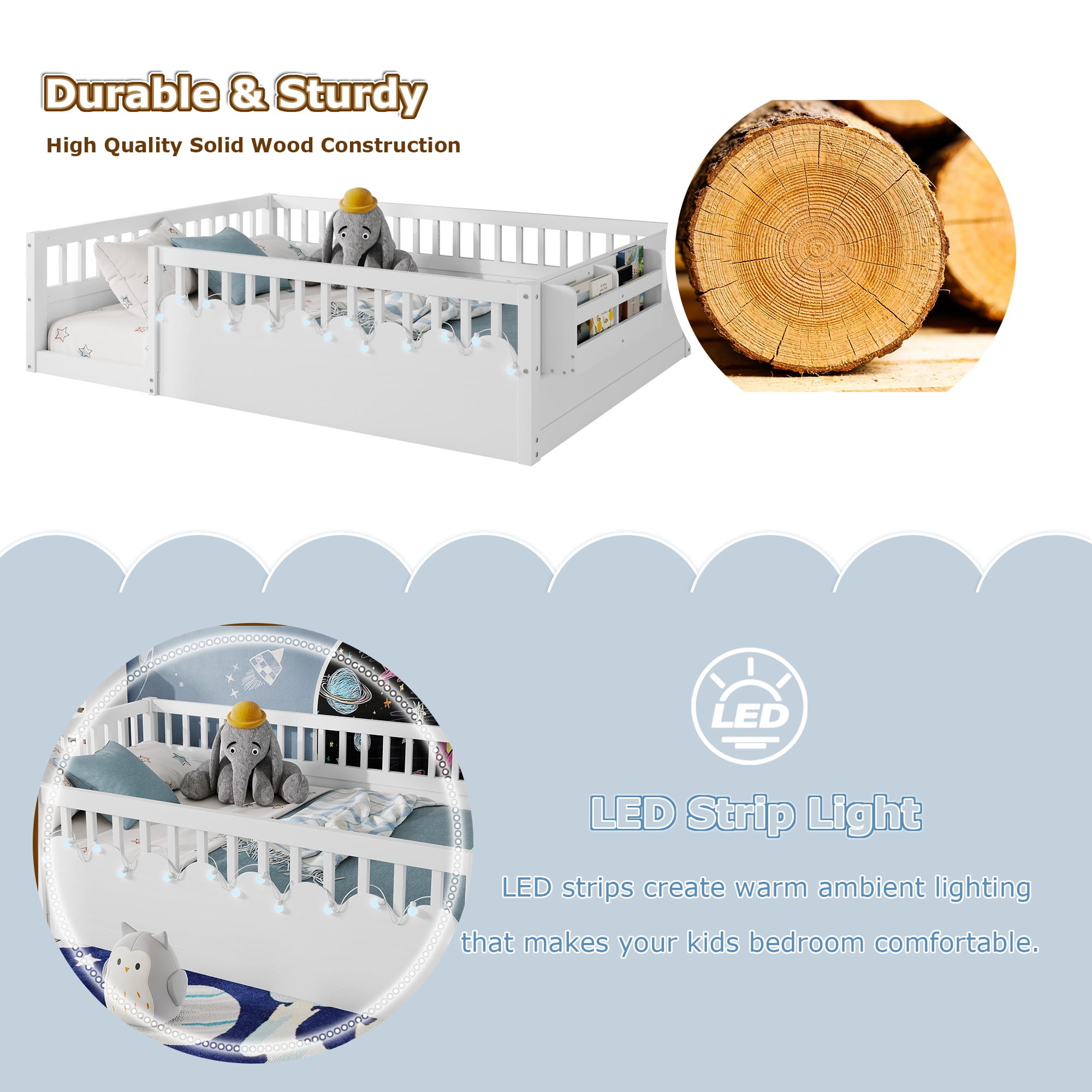 Full Size Toddler Floor Bed Frame, Montessori Floor Bed with Guardrails, Pine Wood Bed Frame for Kids, No Slats Included, Gray