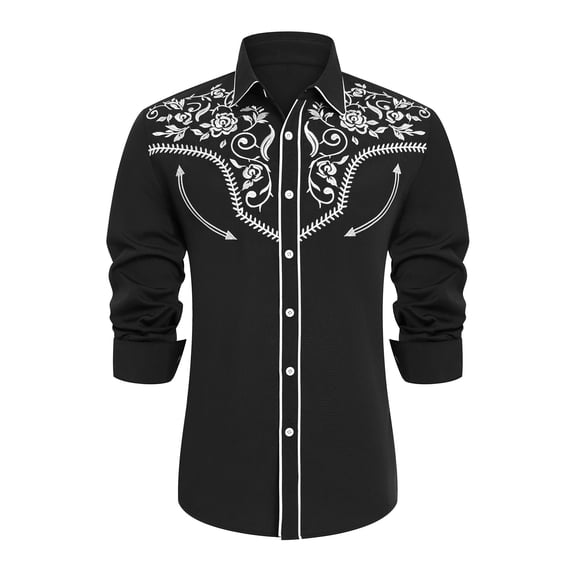 IBTOM CASTLE Men's Western Cowboy Shirt Embroidered Long Sleeve Button Down Shirt M Black