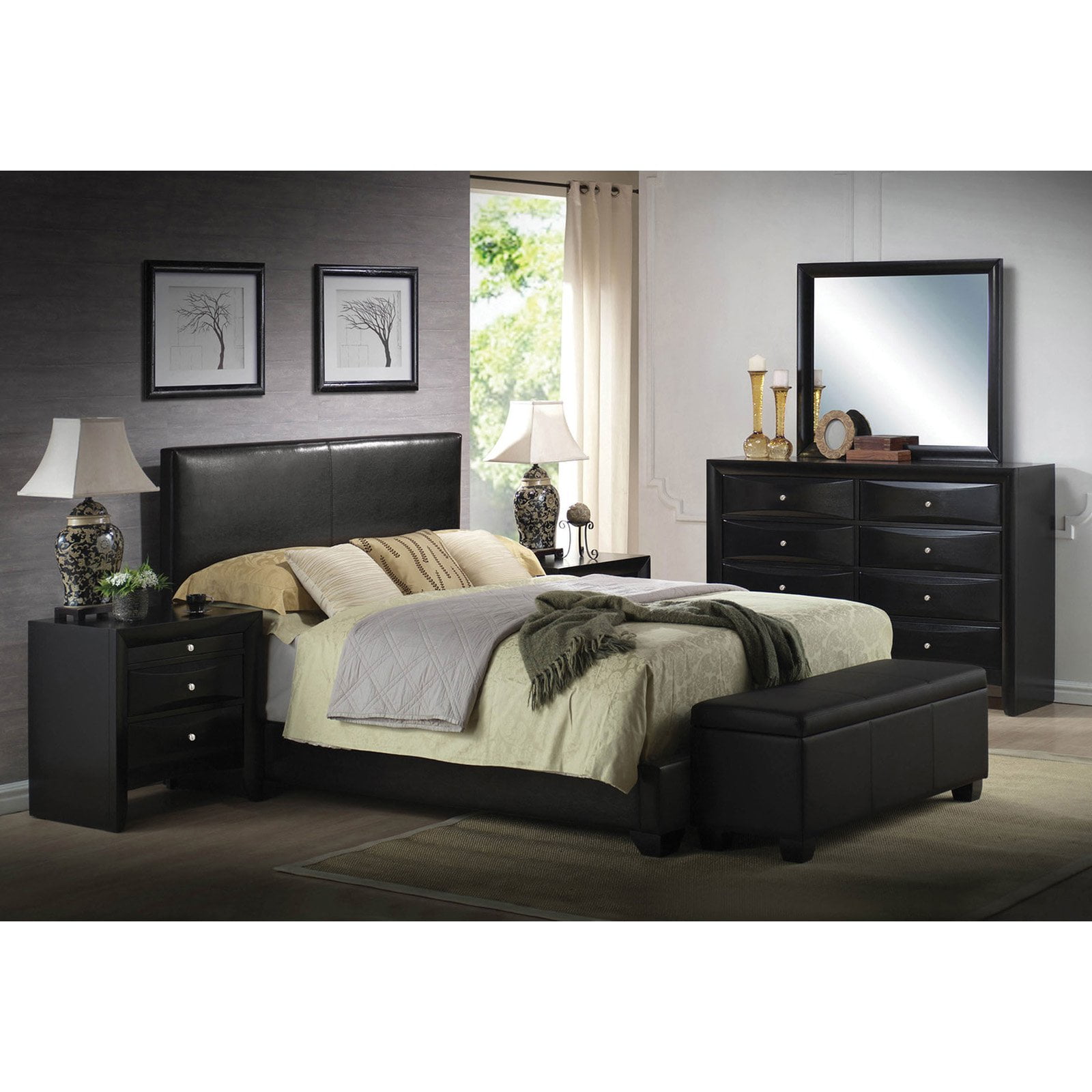 Acme Furniture Ireland Full Panel Bed in Black Faux Leather, Full