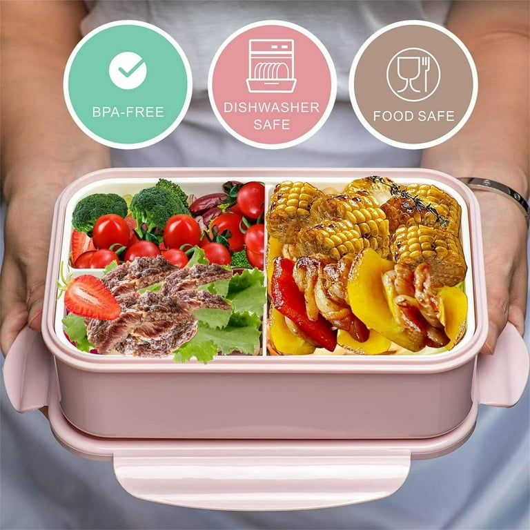 Bento Box for Adults and Kids Pink BPA Free Food Grade Airtight Leakproof 3 Compartments with Spoon and Fork