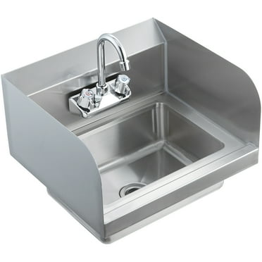 KFFKFF Industrial Hand Basin with Tap and Side Guard, NSF Certified Steel Basin for Cleaning, Compact Hand Cleaning Basin, Wall-Fitted Washbasin for Diner, Garage and Residence, 17x12.8 inch