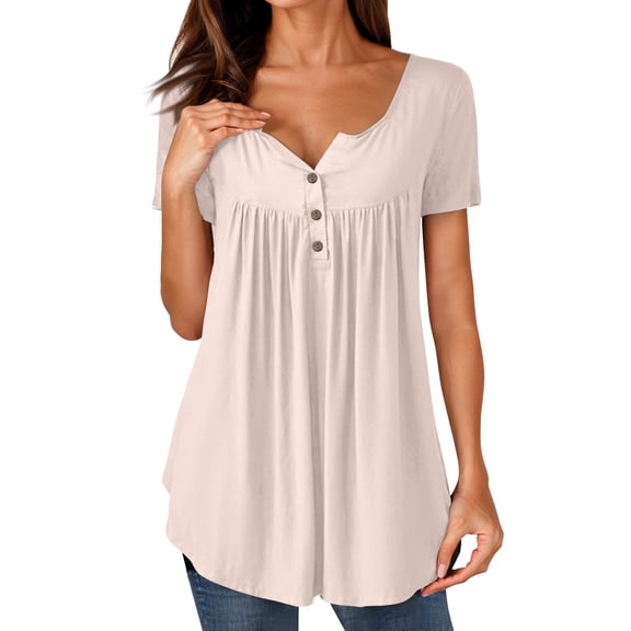 NAMTYQX Womens Spring Tops Button Vneck Patterned Casual Short Sleeve Trendy Baggy Plus Size Ruffle Beige Size 2XL