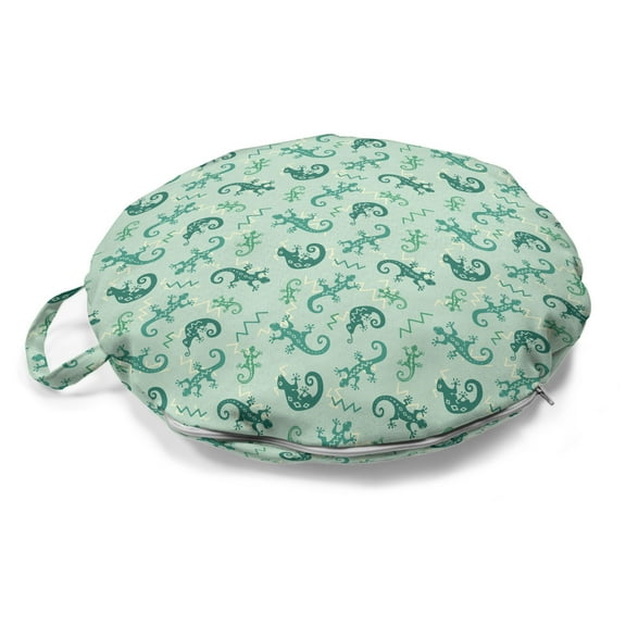 Reptile Round Floor Cushion with Handle, Exotic Lizards Chameleons Leaping Illustration Nature Reptiles, Decorative Pillow for Living Room & Dorms, 18" Round, Green Mint, by Ambesonne