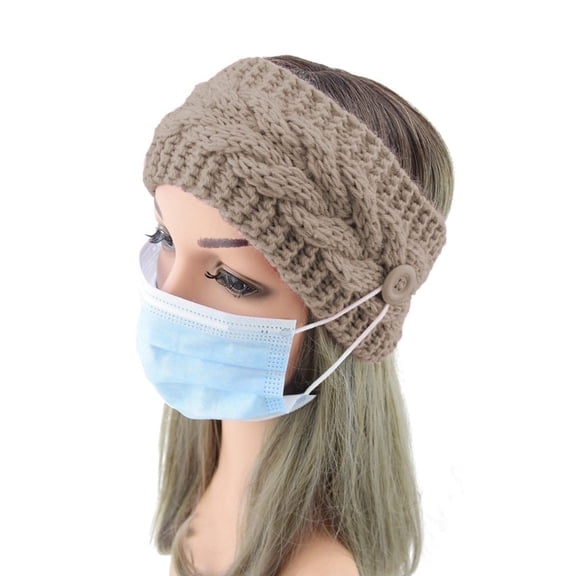 Button Woolen Adjustable Size Headband in Knitted, Brown,Black