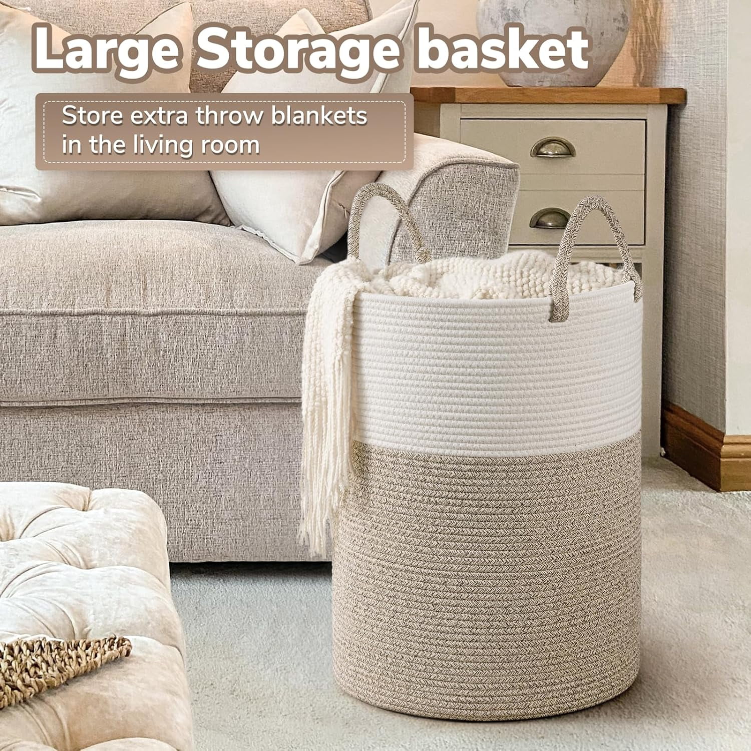 Large Laundry Hamper, 58L Tall Laundry Basket, Baby Nursery Hamper for Blanket Storage, Clothes Hamper for Laundry in Bedroom,15 x 20 inches, Light & Brown