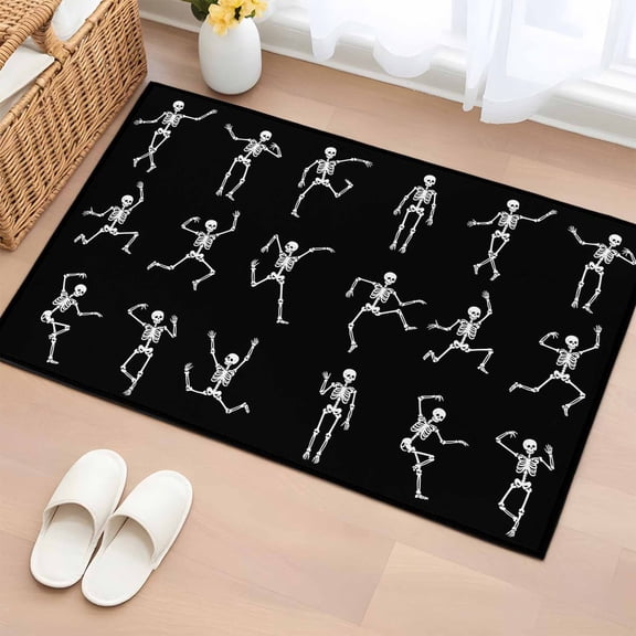 2x3 Ft Entryway Area Rug, Halloween Black Kitchen Rug Runner Washable Floor Mat, Abstract Dancing Skull Skeletons Non Slip Indoor Door Mat Throw Carpet for Bathroom Living Room Bedroom