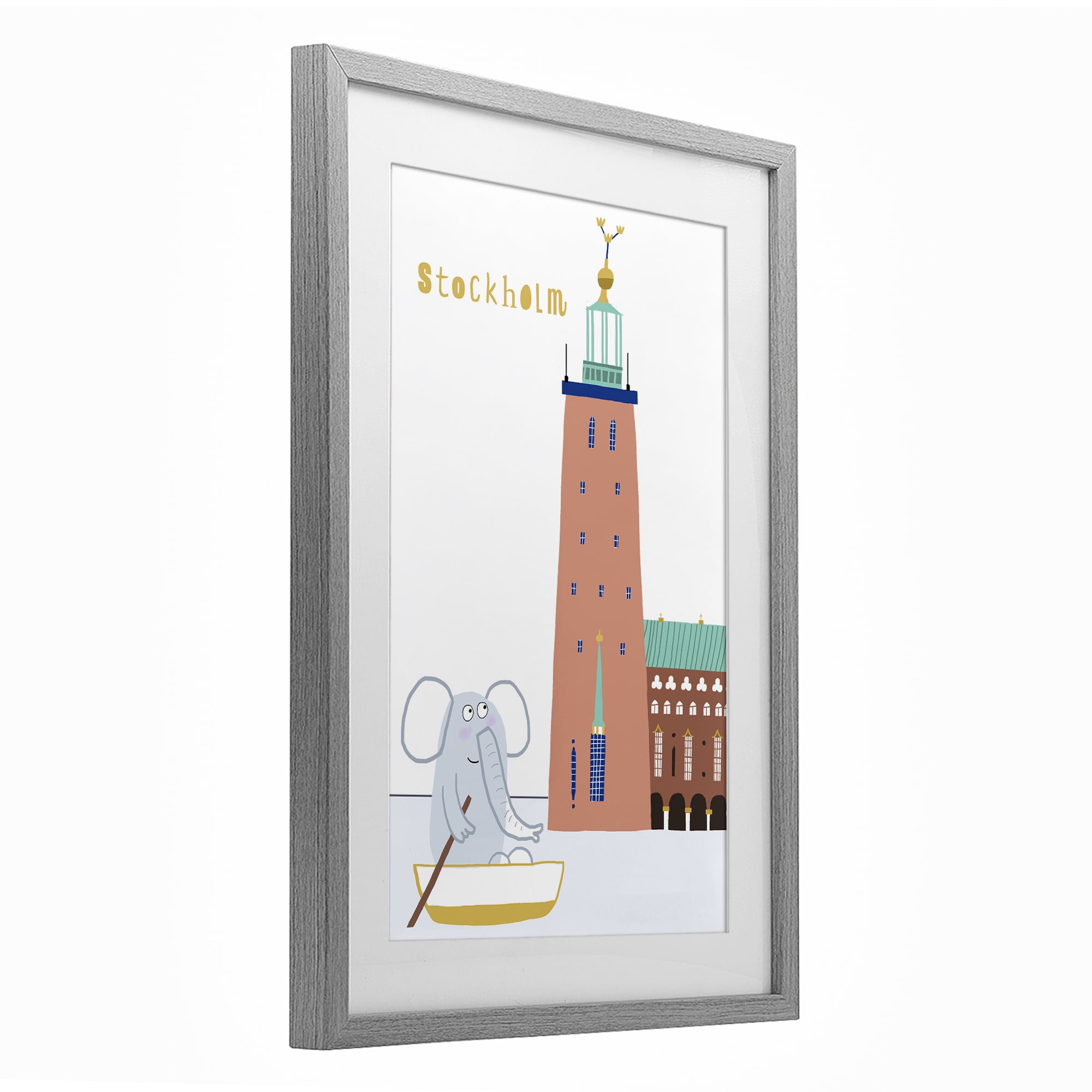 Elephant in Stockholm Boat Gray Framed Print Under Glass, design by Carla Daly