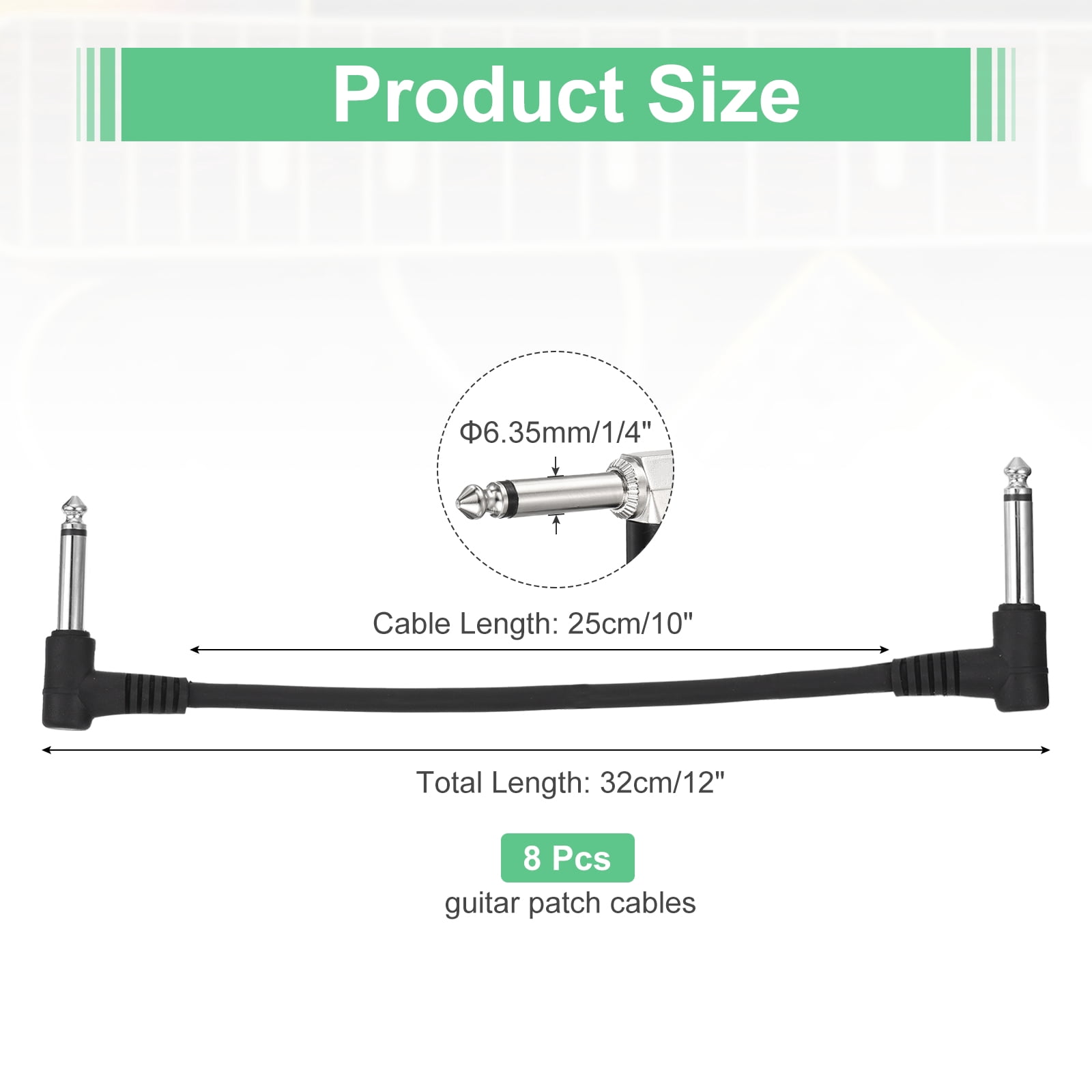 Uxcell 8 Pcs Guitar Patch Cables 12 Inch Pedal Board Cord 1/4 Inch Injection Round Head TS Right Angle Guitar Patch Effect Cable Cord for Instrument Effect Pedal Mixing Console, Black