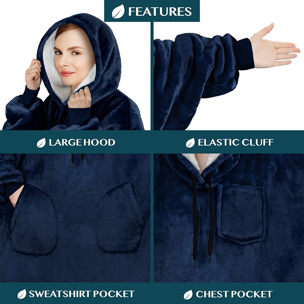 PAVILIA Blanket Hoodie for Women Navy, Sherpa Wearable Blanket Men, Cozy Oversized Sweatshirt Blanket, Warm Fleece Hooded Blanket Sweater with Sleeves and Two Big Pocket, Navy Blue