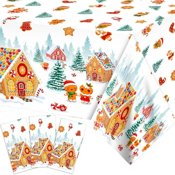 3 Pack Christmas Tablecloths Gingerbread Man House Tablecloths Rectangle Plastic Table Cover for Christmas Winter Holiday Parties Decorations Supplies 51x86 inch