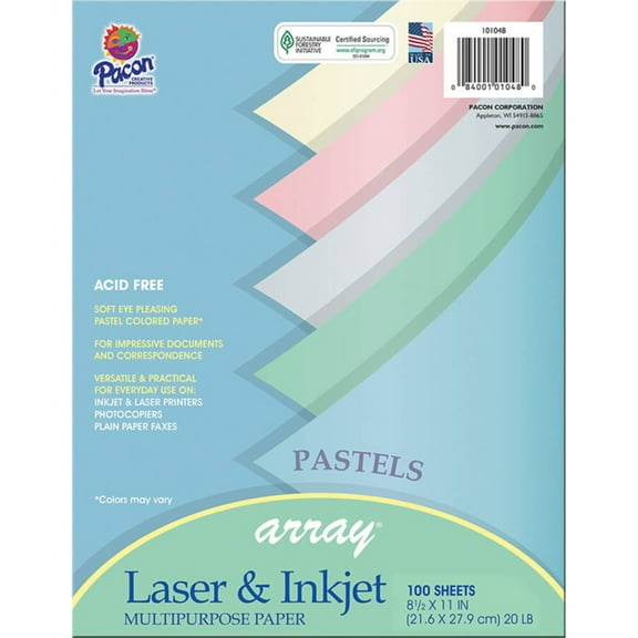 Pacon Pastel Multi-Purpose Paper, 5 Assorted Colors, 20 lb., 8-1/2" x 11", 100 Sheets