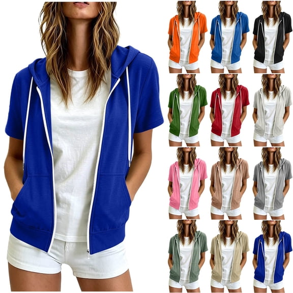 Akmaiox Zip Up Hoodies for Women,Short Sleeve Lightweight Hooded Sweatshirts with Pockets,Casual Loose Solid Color Workout Jackets S-2XL