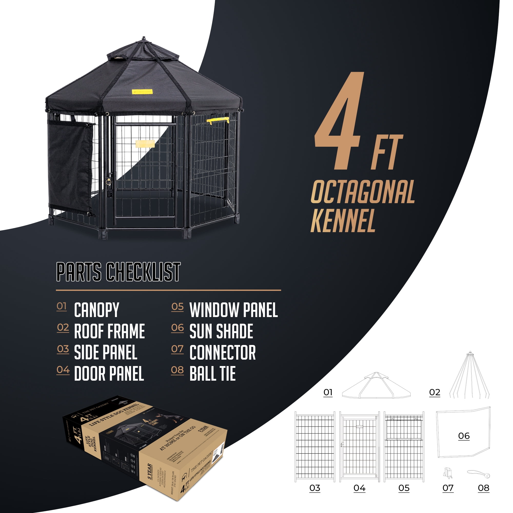 PET GAZEBO INDOOR AND OUTDOOR OCTAGONAL DOG KENNEL WITH POLYESTER COVER AND SIDE SUNSHADE, 4FT