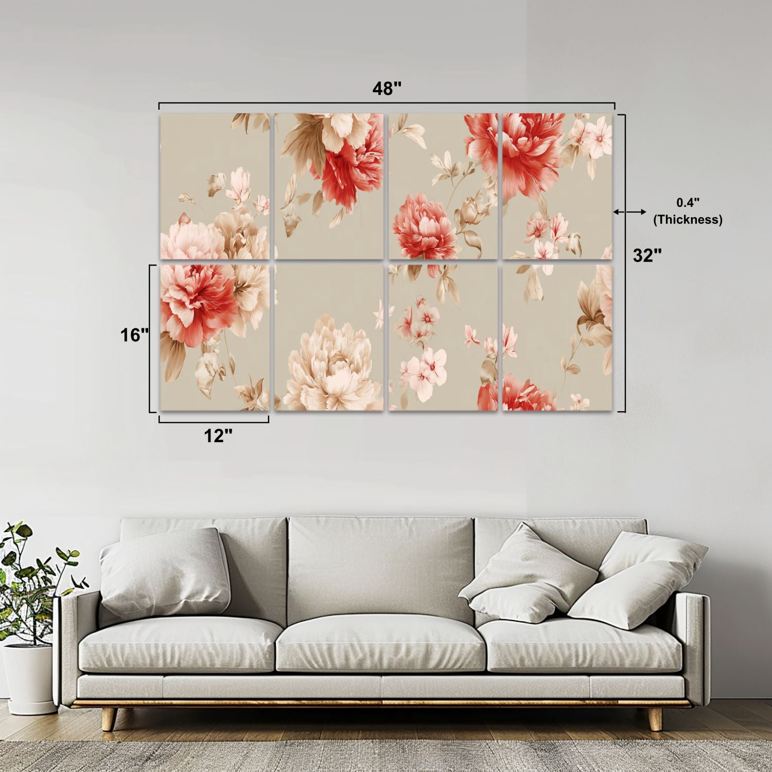 8 Pack Art Acoustic Panels Sound Absorbing Red Pink Floral Soft Beige Decorative Soundproof Wall Panels Self Adhesive for Nursery Game Room Bedroom 48"x32"