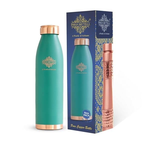 Indian Art Villa Copper Water Bottle, Turquoise Silk Finish, 30.4 oz
