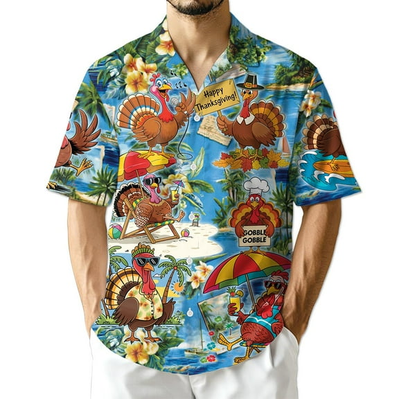 Netecom Turkey Happy Thanksgiving Hawaiian Shirt for Men Women, Funny Turkey Button Down Summer Beach Shirts, S-5XL