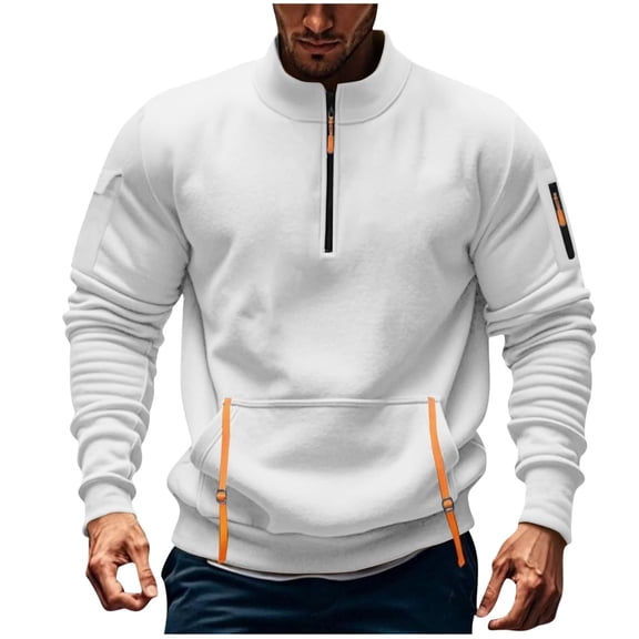 hlysgo Mens Quarter Zip Sweatshirt Long Sleeve Fleece Pullover Tops Casual Big and Tall Golf Shirts with Pocket White,M