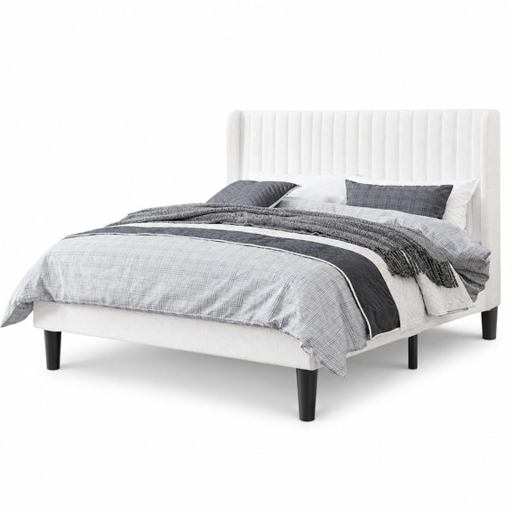Fabric Upholstered Queen Size Bed Frame with Tufted Wingback Headboard, White