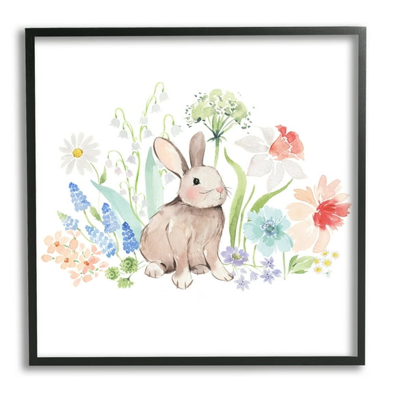 Stupell Industries Bunny in Flower Meadow Animals & Insects Painting Black Framed Art Print Wall Art, 17 x 17