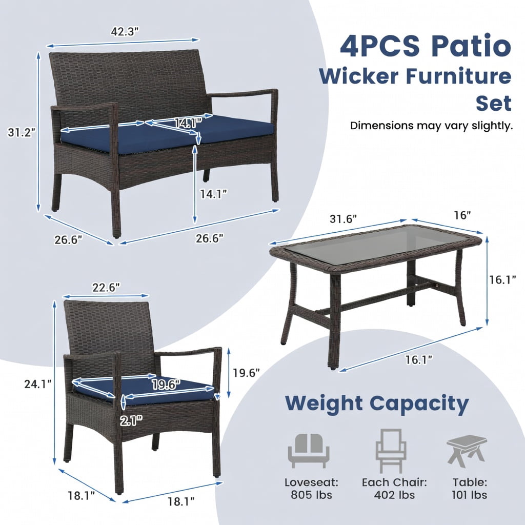Hommoo 4-Piece Outdoor Wicker Conversation Set with Tempered Glass Coffee Table, Heavy-Duty Metal Frame, Weather-Resistant PE Rattan, Washable Cushions, Navy