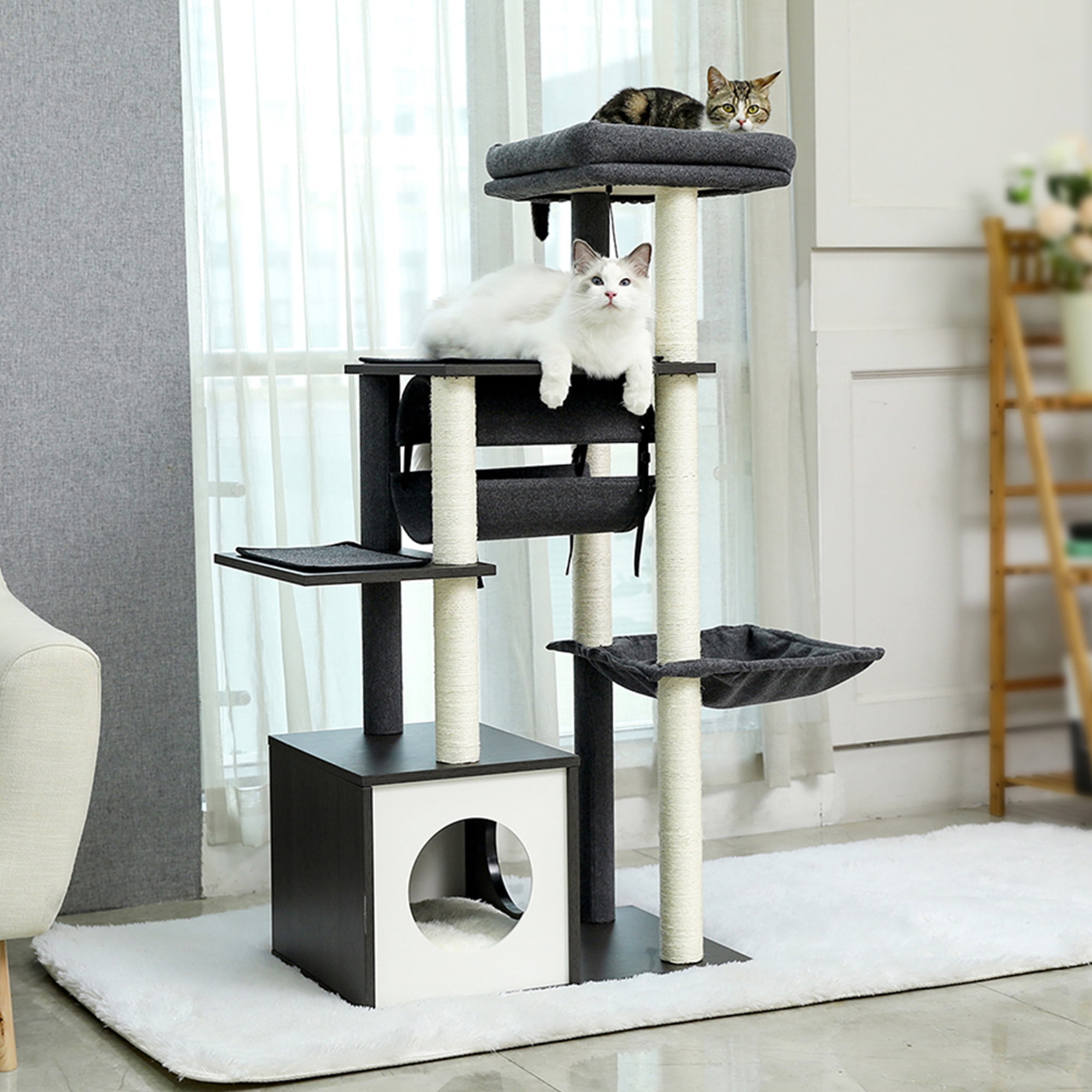 resenkos 51.4" 6 Levels Cat Tree Wooden Cat Tower Cozy Cat Condo, Spacious Perch, Hammock and Swing Tunnel for Indoor Cats, Gray