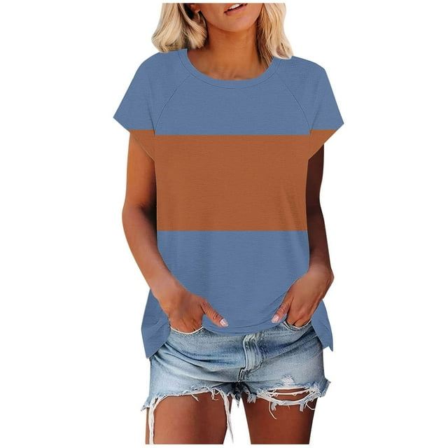 Timegard Hauts pour Femmes Épaules Tombantes Bloc de Couleur Décontracté Confortable Col Rond Manches Courtes Blouse Été