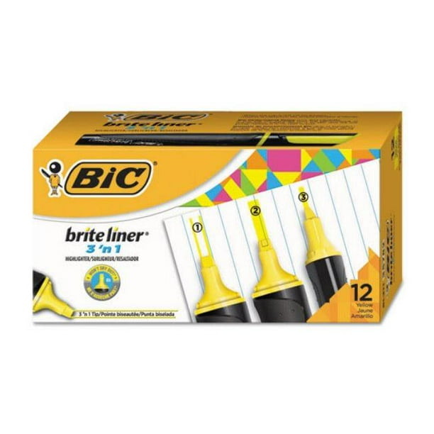 Bic Corporation BL311YEL Bic Brite Liner 3 N 1 Surligneurs&44; 3 N 1 Pointe&44; Jaune&44; 1 Douzaine