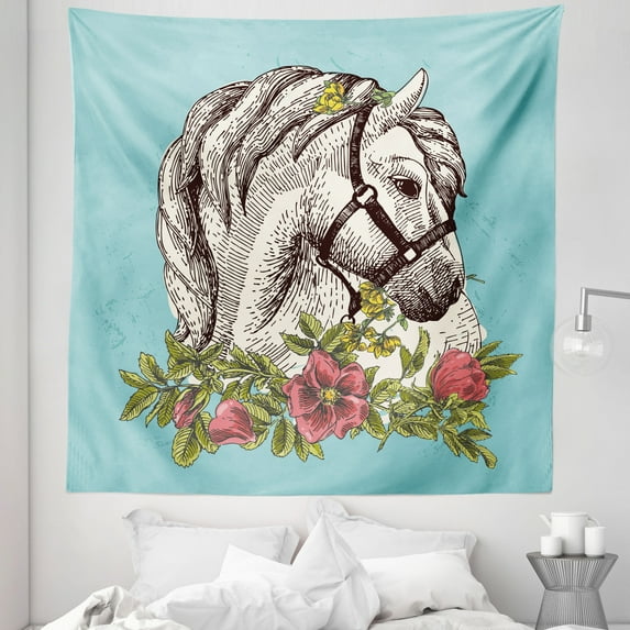 Floral Tapestry, Boho Style Horse Opium Blossoms Poppy Wreath Illustration, Fabric Wall Hanging Decor for Bedroom Living Room Dorm, 5 Sizes, Turquoise Apple Green, by Ambesonne