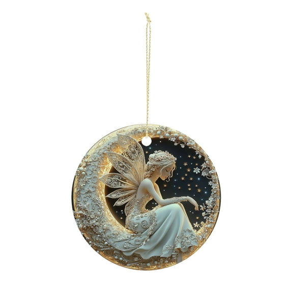 Moon Fairy Christmas ornament, Christmas decoration, holiday present idea, heirloom keepsake, round ceramic, gift Exchange, bauble present, gift idea