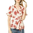 thumbnail image 6 of INSPIRE CHIC Women's Tops Floral V Neck Short Sleeves Round Hem Ruffle Peplum Blouse XL White, 6 of 9