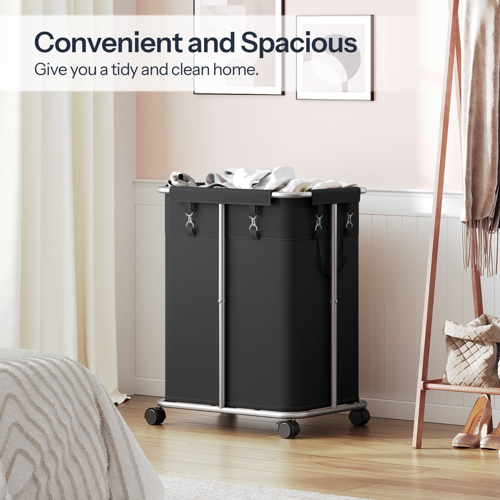HOOBRO 170L Laundry Basket with Wheels, 45 Gallons Rolling Laundry Hamper, Narrow Slim Laundry Sorter with Removable Oxford Fabric Bag, Laundry Room, Dorm Room, Bedroom, Black BB05XY01