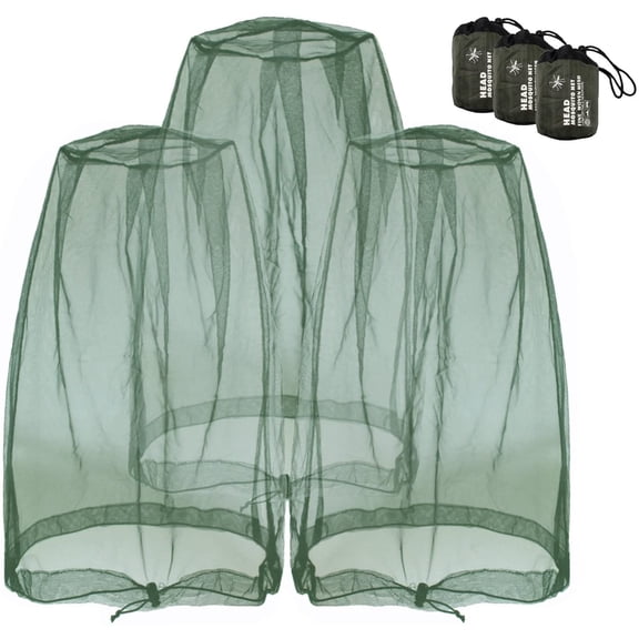 Sunjoy Tech Mosquito Head Net Mesh, Face Neck Fly Netting Hood from Bugs Gnats Noseeums Screen Net for Any Outdoor Lover- with Carry Bags Fits Most Sizes of Hats Caps - 3PCS