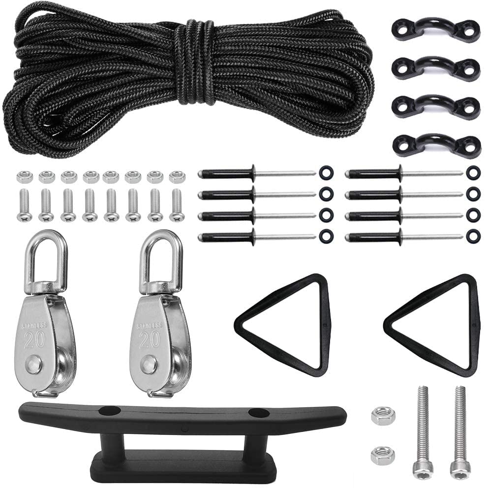 Kayak Canoes Anchor Trolley Kit System w/ Pulleys Pad Eye Cleats Ring 30 Feet of Rope 