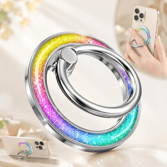 Phone Ring Holder Compatible with MagSafe - Magnetic Cell Phone Grip for Women Glitter Magnet Removable Finger Ring Grip Stand Cute Girly Sparkle for iPhone 16 15 14 13 Pro Max Plus, Rainbow