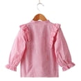 thumbnail image 2 of stylesilove Kids Girl Stand Collar Long Sleeve Ruffle Trim Stripe Cotton Shirt (110/3T, Red), 2 of 4