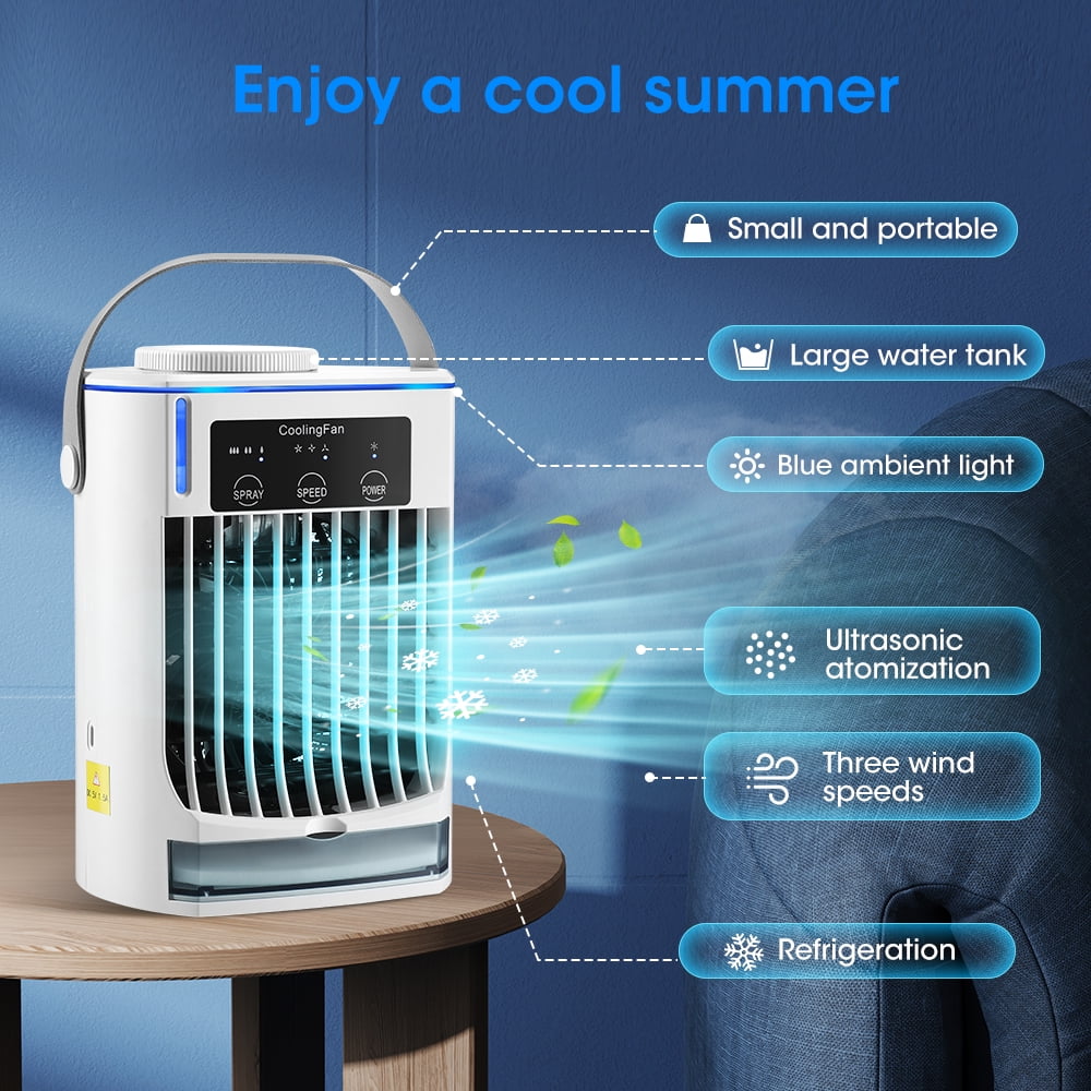 Portable Air Conditioners with Ultrasonic Atomizer,3-Speed Air Conditioner with Blue LED Light, Cooling Fan,Adjustable Cooling Modes Air Conditioner Portable For Home Office Outdoors,White