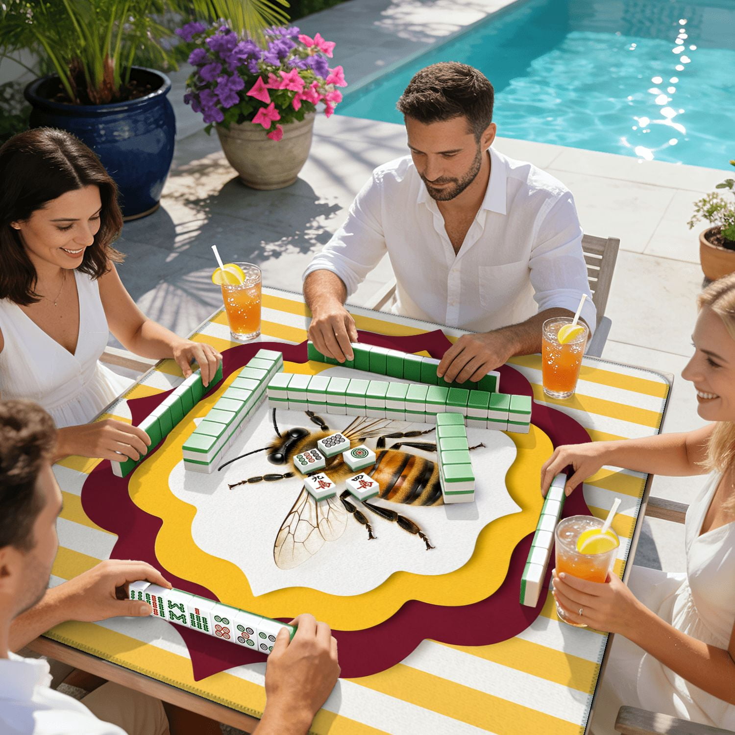 Mahjong Mat 31.5" x 31.5" Realistic Honey Bee Layered Geometric Yellow Maroon Accents Non-Slip Noise Reduction American Mahjong Tiles Table Cover for Dominoes Poker Card Board Games Gift