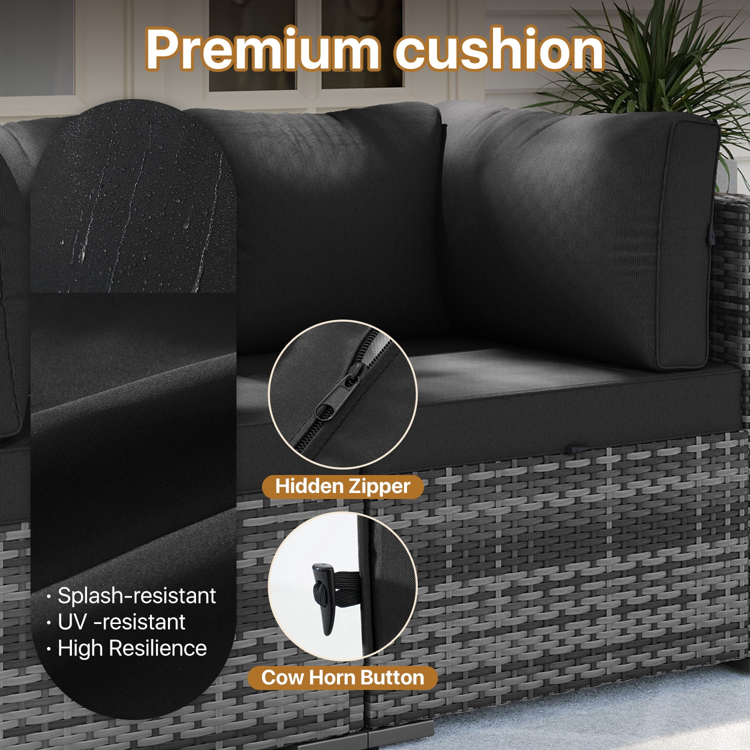 BaPiPro 7‑Piece Modular Outdoor Patio Furniture Set, Gray Wicker Sectional Sofa with Thickened Black Cushions & Coffee Table, All‑Weather for Backyard, Porch, Deck & Balcony