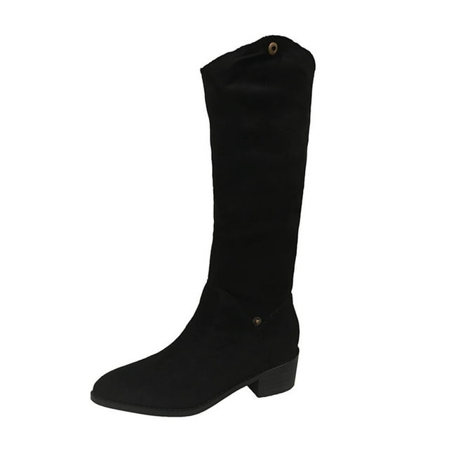 Bottes d'Hiver pour Femmes, Bottes Mi-Mollet à Revers Bidirectionnel, Bottines à Bout Pointu à Talon Bas Épais, Bottes Décontractées en Daim Polyvalentes, Design Confortable et Durable