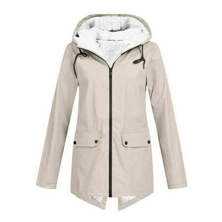 XFLWAM Fleece Lined Raincoat for Women Waterproof with Hood Solid Color Lightweight Outdoor Windbreaker Jacket Outerwear Beige XL XFLWAM Fleece Lined Raincoat for Women Waterproof with Hood Solid Color Lightweight Outdoor Windbreaker Jacket Outerwear Beige XL