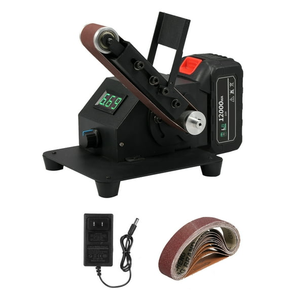 350W Cordless Belt Sander with Stepless Speed Control (0-10000rpm), 2400mAh Battery & Charger, 30x380mm Abrasive Belts, 0-135° Adjustable Cutting Angle, Forward/Reverse Switch, Metal Construction -