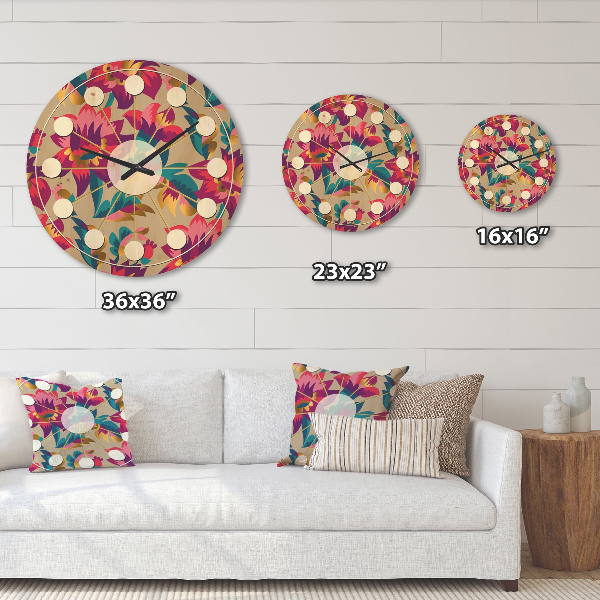Designart 'Elegant blossom Retro pattern' Mid-Century Modern Wood Wall Clock