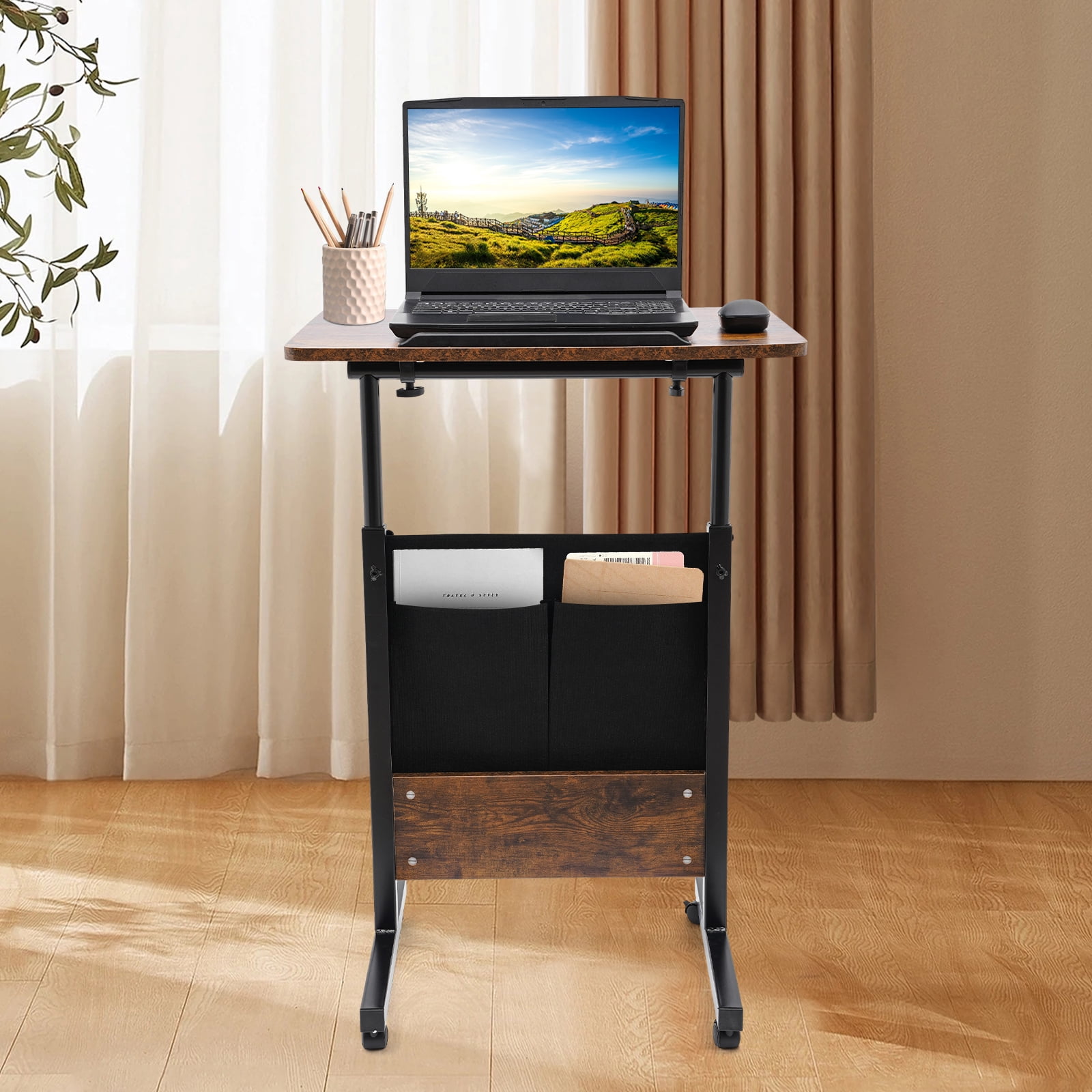 90° Adjustable Standing Desk Floor Mounted Brown&Black Portable Laptop Desk Rolling Computer Stand