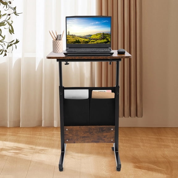 Peakora Height Adjustable Foot Pedal Rolling Desk, Mobile Standing Desk with 4 Universal Wheels with Brakes, Adjustable Rolling Desk Large Capacity for Offices, Classrooms, Homes Brown