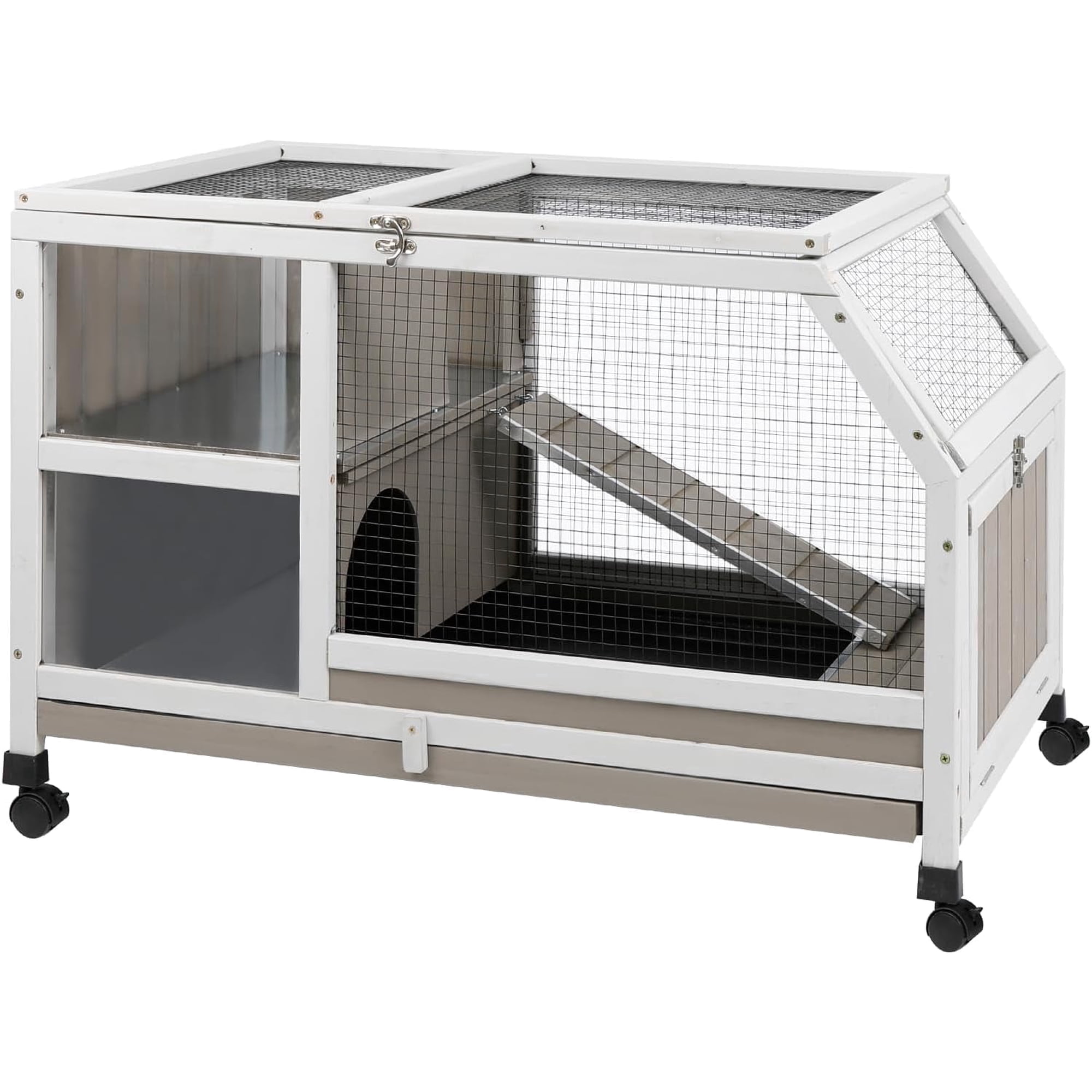 PETSCOSSET Guinea Pig Cage Indoor, Large Small Animal Cage on Wheels with Ramp & Hideout, Easy Clean Hamster Cage with Deep Pull-Out Tray